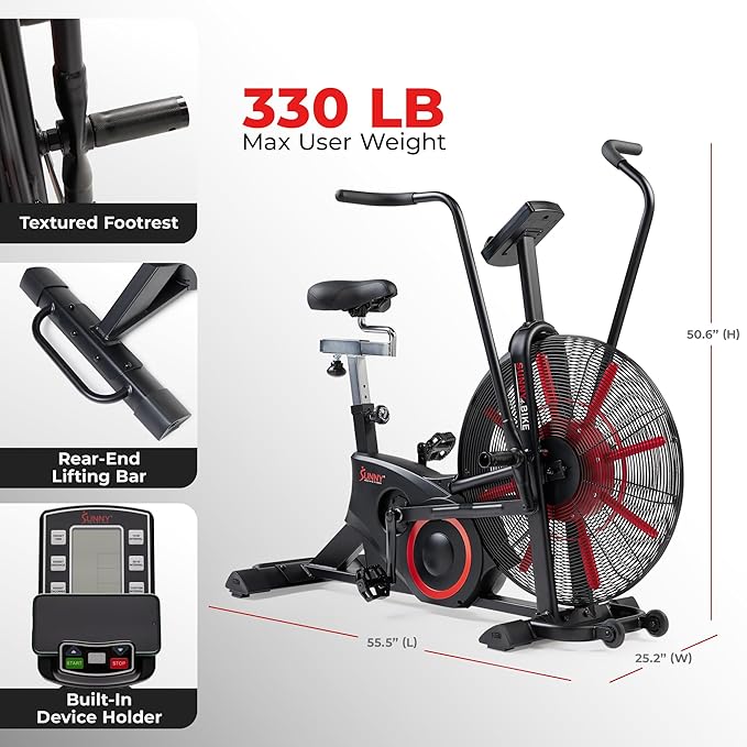 Sunny Health & Fitness Premium Smart Cross-Training Fan Bike, Air Resistance Cardio Machine w/330lb Capacity for Intensive Home Workout, Customizable Monitor w/Free SunnyFit App Connection-SF-B223018-GravixFit