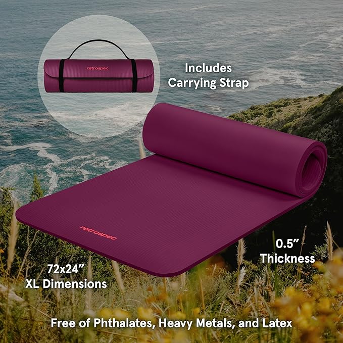 Retrospec Solana Yoga Mat 1/2" Thick w/Nylon Strap for Men & Women - Non Slip Exercise Mat for Yoga, Pilates, Stretching, Floor & Fitness Workouts-GravixFit