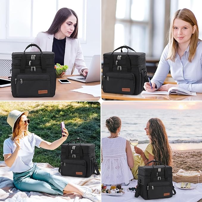 Maelstrom Lunch Box, 23L Insulated Lunch Bag, Expandable Double Deck Cooler Bag, Lightweight Leakproof Tote Bag With Side Tissue Pocket, Suit For Men and Women, Black-GravixFit