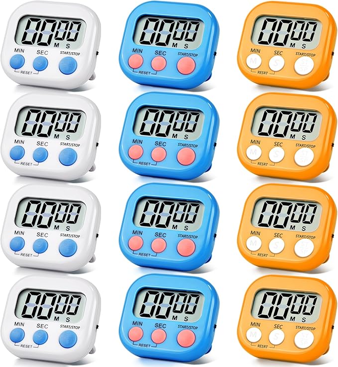 12 Pack Digital Kitchen Timer Magnetic Digital Timer with Big Display Loud Ring Cooking Timers for Kitchen Electronic Timer for Cooking, Bathing, Gym, Break Time, Classroom(12,White, Blue, Orange)-GravixFit