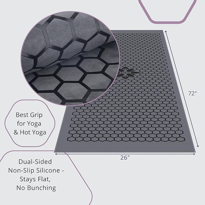Clever Yoga Non-Slip Hot Yoga Towel – Non-Slip Grip for Hot Yoga, Sweat Absorbent, Honeycomb Silicone Grip, Stays Flat – Ideal for Pilates, Travel, Washable & Lightweight - Gray-GravixFit