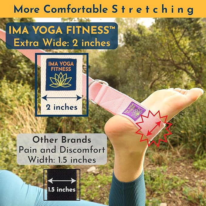 Adaptive Yoga Strap, Stretching Strap, 2 Inches Wide, 100% Naturally Soft Cotton, Steel D-Rings, Includes Natural Cotton Drawstring Storage Pouch and Instructional E-Book-GravixFit
