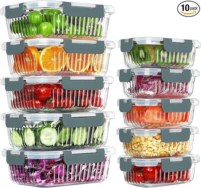 10 Packs Glass Meal Prep Containers with Lids, Glass Food Storage Containers Set, Airtight Lunch Containers, Microwave, Oven, Freezer and Dishwasher Safe, Gray-GravixFit