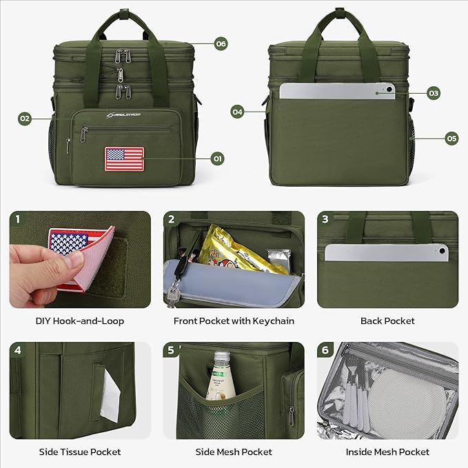 Maelstrom Tactical Lunch Box for Men, 23L Insulated Lunch Bag, Expandable Double Deck Cooler Bag, Lightweight Leakproof Tote Bag With Side Tissue Pocket, Suit For Men and Women, Army Green-GravixFit