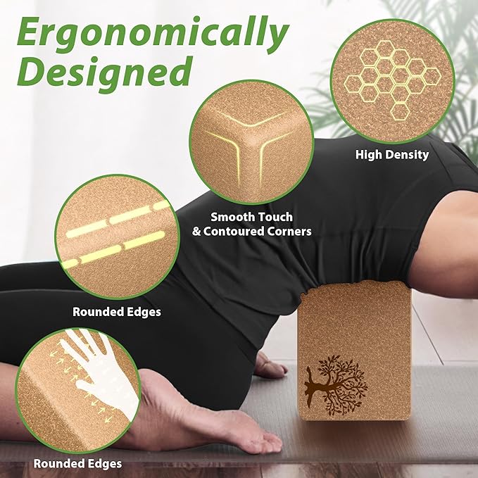 Cork Yoga Blocks 2 Pack Set, Natural Cork Soft Non-Slip Yoga Blocks, High Density & Eco Friendly Yoga Accessories for Women| Men, Ideal for Yoga, Pilates, Stretching and Toning-GravixFit