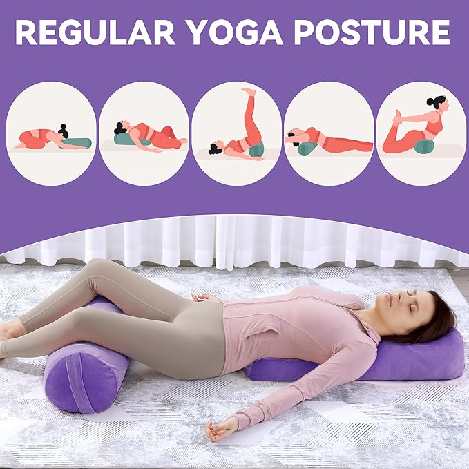ROYALAY 2 Pcs Yoga Bolster Pillow for Restorative Yoga, Rectangular and Cylinder Meditation Pillow Set with Carrying Handles, Supportive Cushion for Exercise Workout Stretching Meditation,Purple-GravixFit