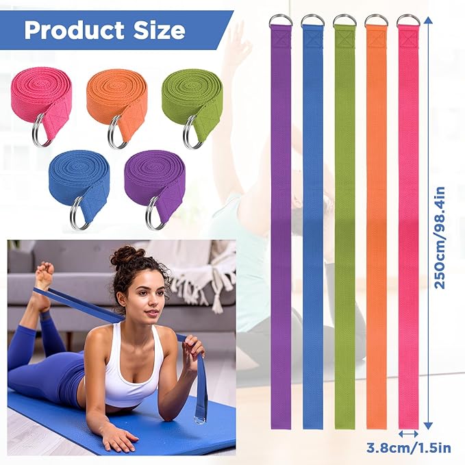 10 Pcs Yoga Strap 8ft Yoga Stretching Exercise Band Stretching Belt with Adjustable Metal D Ring Buckle Loop for Pilates, Dance, Physical Therapy, Gym Workout-GravixFit