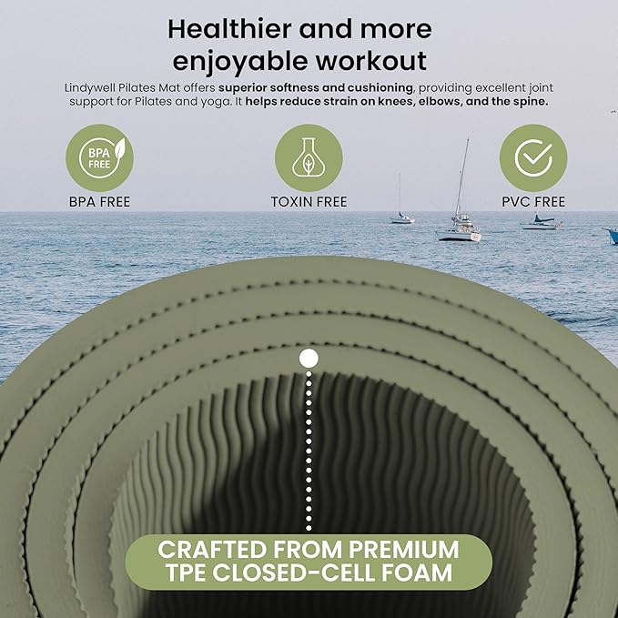 Lindywell Pilates Yoga Workout Mat Non Slip 6mm, 8mm, 10mm Thick - 6ft x 26in-GravixFit