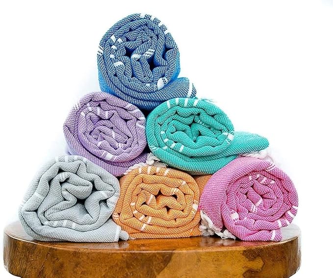 HAVLULAND Set of 6 Turkish Cotton Beach Towels, 71x39, Multi-Color, Quick-Dry, Absorbent, Lightweight, Sand-Free, Ideal for Beach, Pool, Gym, Yoga, Travel, Camping, Picnic-GravixFit