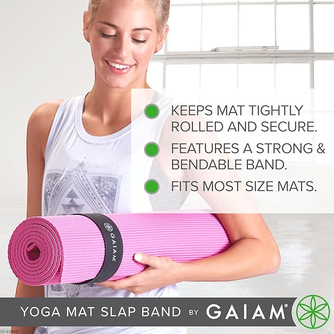 Gaiam Yoga Mat Strap Slap Band - Keeps Your Mat Tightly Rolled and Secure with One Snap - Strong Clasp for Yoga Mat Storage and Travel - Fits Most Size Mats (20"L x 1.5"W), Black-GravixFit