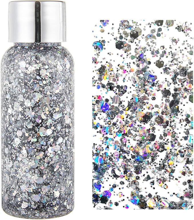 MAEPEOR Chunky Face Body Glitter Gel 19 Colors Mermaid Sequins Holographic Body Glitter Gel Long-Lasting Festival Makeup Glitter Paint for Face Body Hair Nails (30g, 01 Silver)-GravixFit