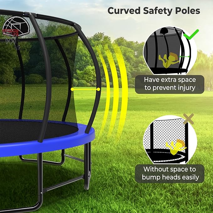 10 12 14 15 16FT Outdoor Trampolines for Kids and Adults, Pumpkin Trampoline with Curved Poles, Recreational Trampoline with Basketball Hoop and Safety Enclosure Net for Kids and Adults-GravixFit
