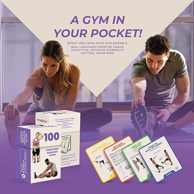 100 Stretching Exercise Flash Cards – Physical Therapy Stretches for Common Conditions (Plantar Fasciitis, Achilles Tendonitis, Sciatica, Back & Hip Pain) – Yoga, Pilates & Everyday Mobility-GravixFit