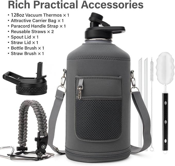 1 Gallon Water Bottle Insulated | Thickened Stainless Steel Vacuum Metal Water Jug | Portable Sports Large for Gym and Hiking with Straw, Carrier Bag, Handle Strap | BPA-Free 128 oz-GravixFit