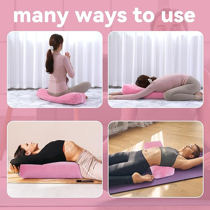 ROYALAY 2 Pcs Yoga Bolster Pillow for Restorative Yoga, Rectangular and Cylinder Meditation Pillow Set with Carrying Handles, Supportive Cushion for Exercise Workout Stretching Meditation,Pink-GravixFit