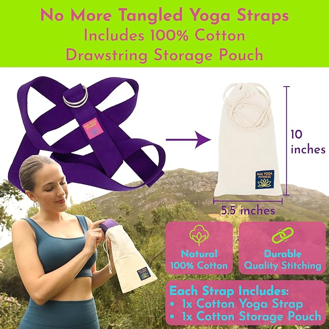 Adaptive Yoga Strap, Stretching Strap, 2 Inches Wide, 100% Naturally Soft Cotton, Steel D-Rings, Includes Natural Cotton Drawstring Storage Pouch and Instructional E-Book-GravixFit