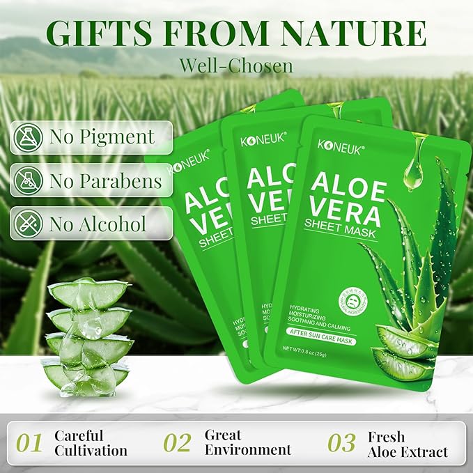 12 Pack Aloe Vera Face Masks Skincare, Sheet Aloe Hydrating Face Mask for Sunburn Relief and After Sun Care, Bulk Aloe Vera Face Mask for Spa Party Gifts-GravixFit