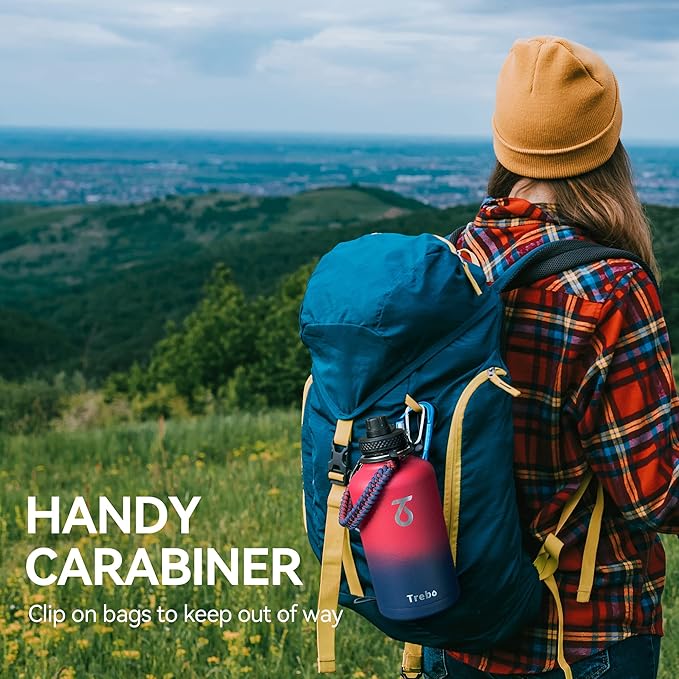 Trebo Insulated Water Bottle 64 oz, Half Gallon Metal Vacuum Water Jug with Paracord Handle and 3 Lids, Leakproof BPA-Free Flask for Gym Sports Hiking Travel, Keep Cold 48 Hours, Ruby Red-GravixFit