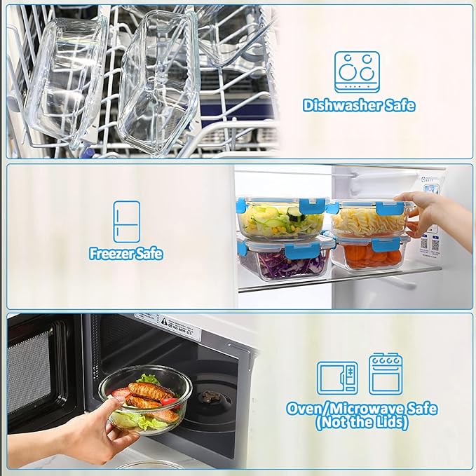 M MCIRCO 24-Piece Glass Food Storage Containers with Upgraded Snap Locking Lids,Glass Meal Prep Containers Set - Airtight Lunch Containers, Microwave, Oven, Freezer and Dishwasher, Blue-GravixFit