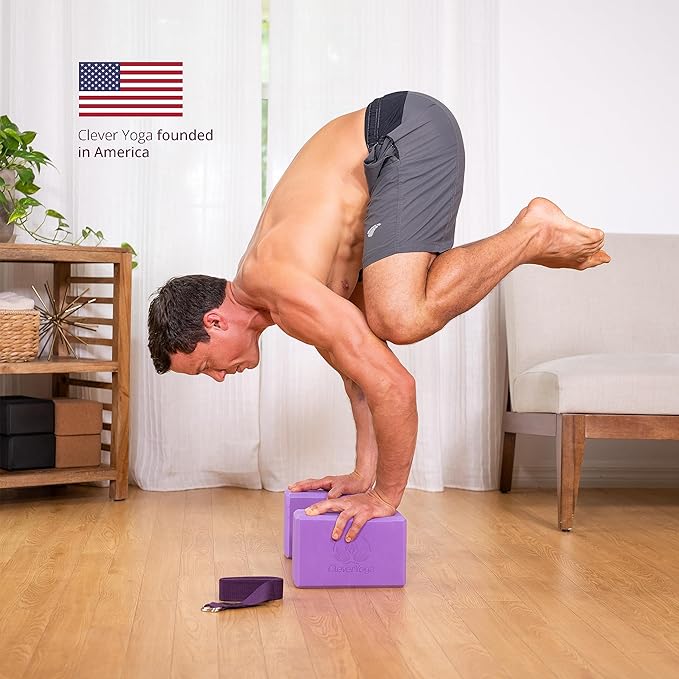 Clever Yoga Blocks & Strap - Lighweight Foam Yoga Blocks 2 Pack with 8ft Cotton Yoga Strap Set Kit for Beginners & Pros, Accessories & Equipment for Women & Men - Gray-GravixFit