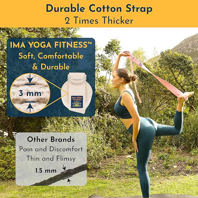 Adaptive Yoga Strap, Stretching Strap, 2 Inches Wide, 100% Naturally Soft Cotton, Steel D-Rings, Includes Natural Cotton Drawstring Storage Pouch and Instructional E-Book-GravixFit