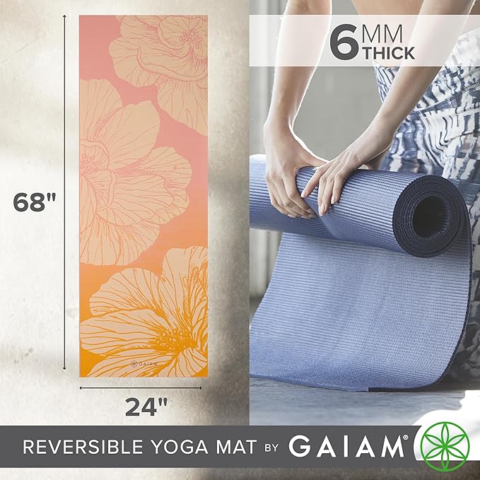 Gaiam Yoga Mat - Premium 6mm Print Reversible Extra Thick Non Slip Exercise & Fitness Mat for All Types of Yoga, Pilates & Floor Workouts (68" x 24" x 6mm Thick)-GravixFit