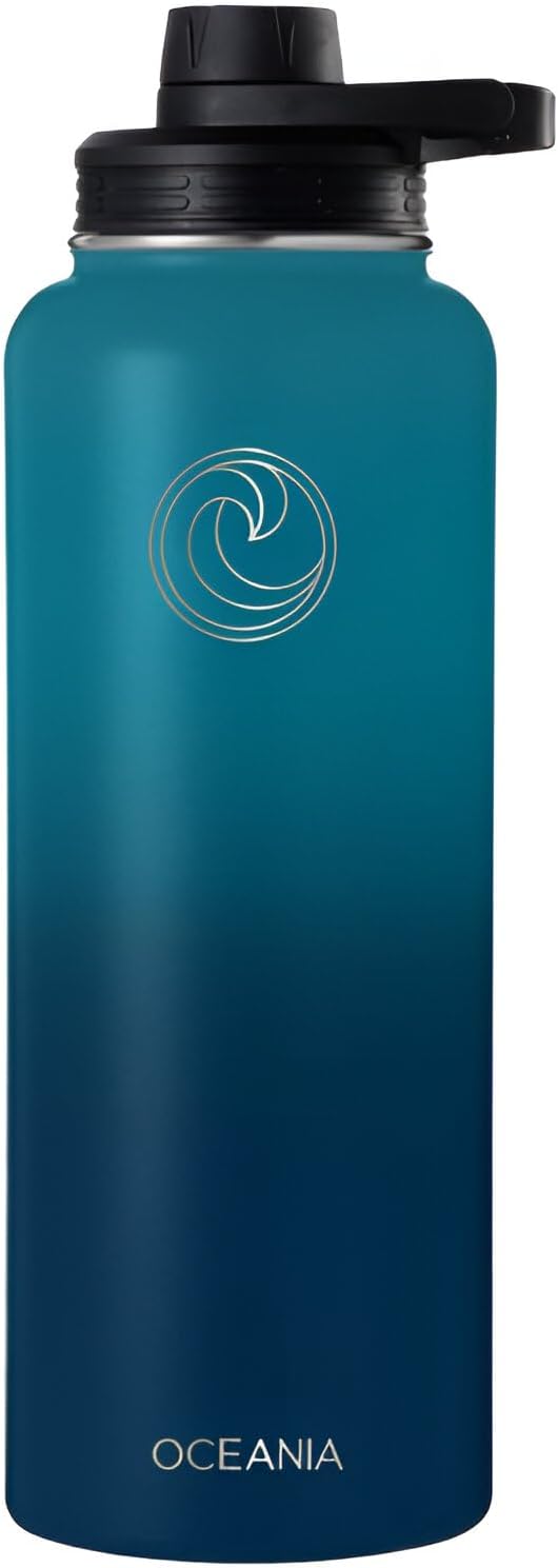 Oceania Flask 40oz Stainless Steel Sports Water Bottle | Leakproof, Hydro BPA-Free, Insulated with 3 Modern Lids, 3 Straws & 2 Straw Cleaning Brushes | Simple Camping & Hiking Bottle-GravixFit