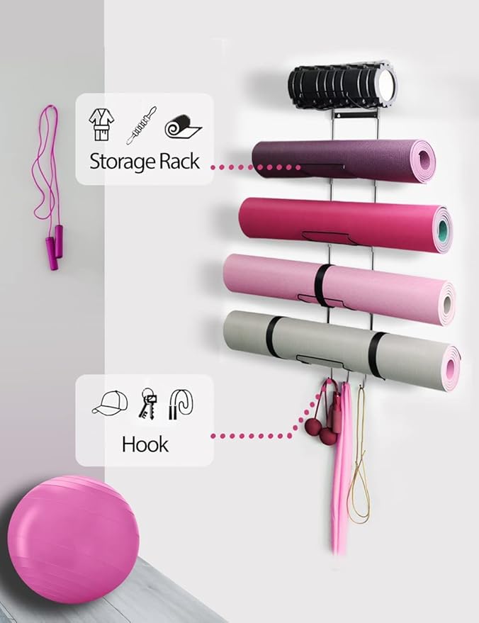 MRZZATA 5-Tiers Yoga Mat Holder Wall Mount, Metal Storage Rack for Mats/Wheels, Foam Roller and Block, Wall Rack with 3-Hooks for Hanging Stretching Strap, Resistance Bands, Yoga Accessories-GravixFit
