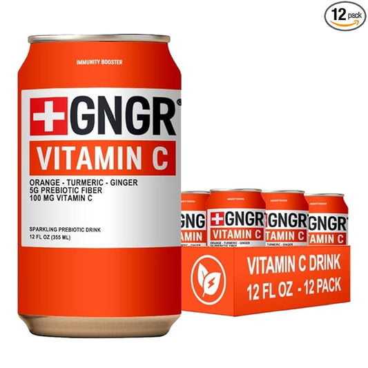 '+GNGR Sparkling Vitamin C Prebiotic Drink - Caffeine free - 5g Prebiotic Fiber - Orange Juice - Ginger Juice - Turmeric - Acerola - Apple Cider Vinegar - Prebiotic Soda - Immunity (12 oz - 12 Pack)-GravixFit