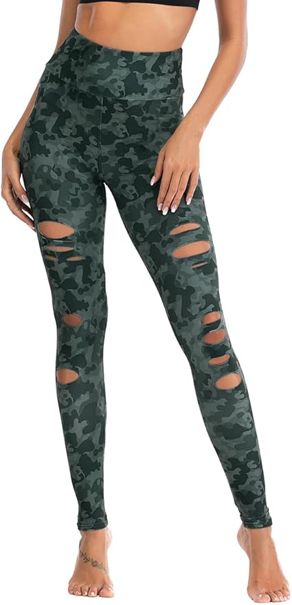 DIBAOLONG Womens High Waist Yoga Pants Cutout Ripped Tummy Control Workout Running Yoga Skinny Leggings-GravixFit