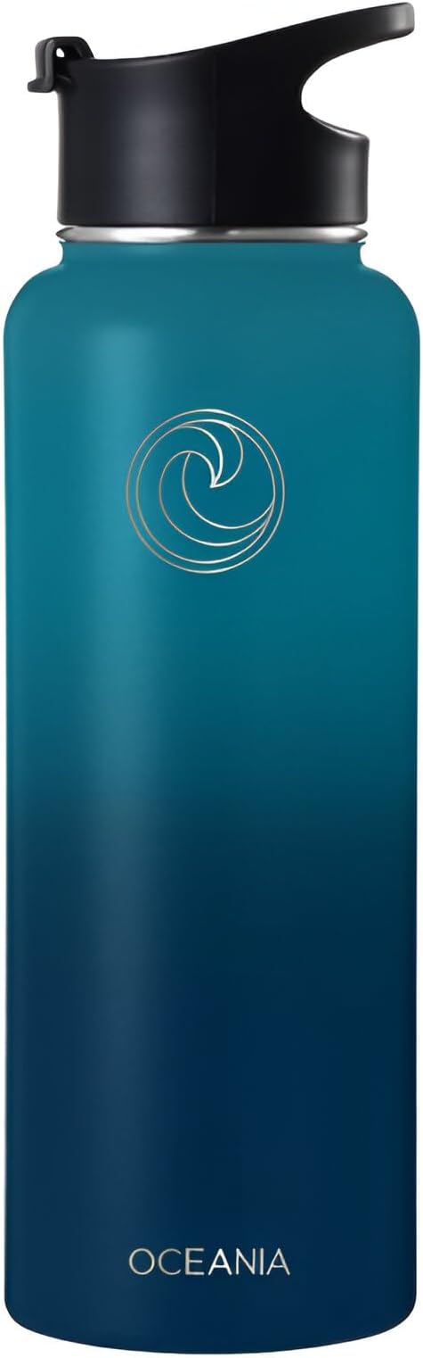 Oceania Flask 40oz Stainless Steel Sports Water Bottle | Leakproof, Hydro BPA-Free, Insulated with 3 Modern Lids, 3 Straws & 2 Straw Cleaning Brushes | Simple Camping & Hiking Bottle-GravixFit