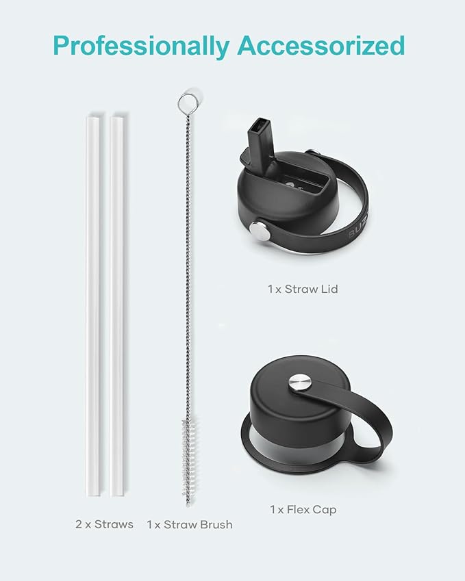 BUZIO 24 oz Insulated Water Bottle, Stainless Steel Wide Mouth Water Flask with Straw Lid, Cold for 48 Hrs Leak Proof Metal Hydro Thermo Canteen Mug, Black-GravixFit