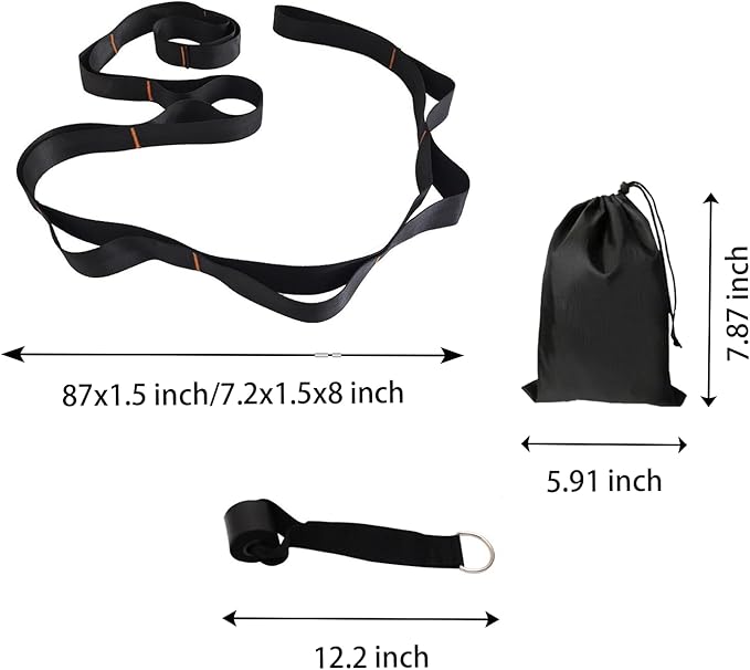 Gradient Fitness Therapy Stretching Belt, 12 Circle Multi Ring Stretching Belt (1.5 inches wide x 86.6 inches long), Therapy Equipment, Yoga Stretcher Strap,Leg Stretcher. Equipped with arch foot pads and pointed massage balls(BLACK)-GravixFit