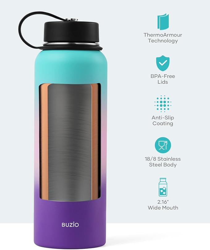 BUZIO 40oz Insulated Water Bottle, Stainless Steel Double Wall Water Flask (Cold for 48 Hrs) Leak Proof Sports Bottles Jug with Straw Lid and Flex Cap Metal Canteen for Gym Travel Camping, Hydrangea-GravixFit