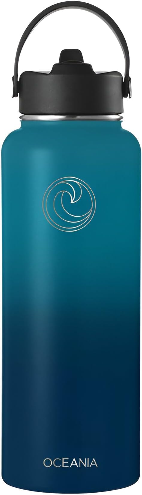 Oceania Flask 40oz Stainless Steel Sports Water Bottle | Leakproof, Hydro BPA-Free, Insulated with 3 Modern Lids, 3 Straws & 2 Straw Cleaning Brushes | Simple Camping & Hiking Bottle-GravixFit
