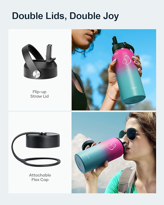 BUZIO Insulated Water Bottle with Straw Lid and Flex Cap, 32oz Double Wall Vacuum Stainless Steel Thermo with Wide Mouth Lid, Cold 48 Hrs Hot 24 Hrs Sweat Proof Flask, Rose and Green-GravixFit