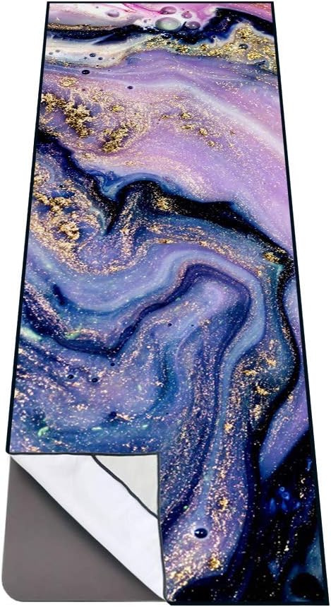 QiyI Yoga Mat Towel with Corner Pockets, Non Slip Sweat Absorbent Hot Yoga Towels, Soft Yoga Blankets with Travel Bag, Skidless Mat Cover for Workout, Gym, Fitness - 70"x26", Purple Gold Marble-GravixFit