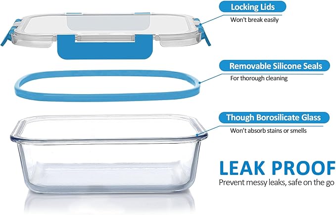 M MCIRCO 24-Piece Glass Food Storage Containers with Upgraded Snap Locking Lids,Glass Meal Prep Containers Set - Airtight Lunch Containers, Microwave, Oven, Freezer and Dishwasher, Blue-GravixFit