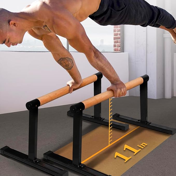 11.8" High Wooden Parallel Bar and Dip Bar with Thick Beech Handles, Push-up Bar, Rock-Free Fitness Equipment for Handstand, L-Sit, Gymnastics, Strength Training Home Gym,440lbs-GravixFit