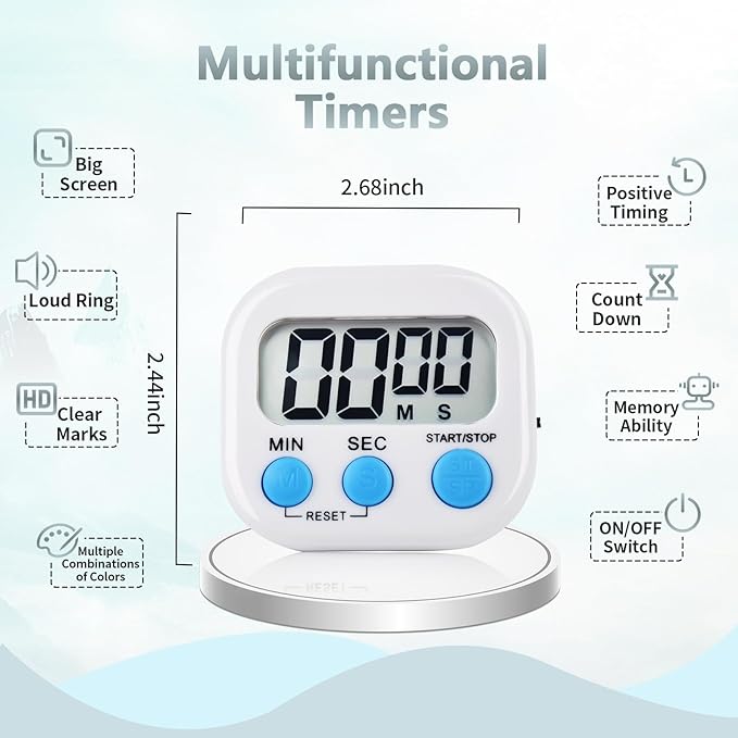 12 Pack Digital Kitchen Timer Magnetic Digital Timer with Big Display Loud Ring Cooking Timers for Kitchen Electronic Timer for Cooking, Bathing, Gym, Break Time, Classroom(12,White, Blue, Orange)-GravixFit