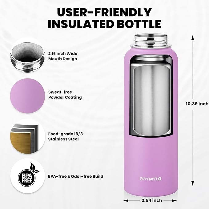Insulated Water Bottle 40 oz, Triple Wall Vacuum Stainless Steel (Cold for 48 Hrs), Leak Proof & Non-BPA, Modern Water Flask Jug with Paracord Handle & Straw Spout Lids, Lilac-GravixFit