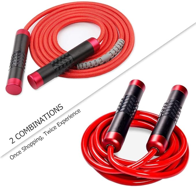 Redify Weighted Jump Rope for Workout Fitness(1LB), Tangle-Free Ball Bearing Rapid Speed Skipping Rope for MMA Boxing Weight-loss,Aluminum Handle Adjustable Length 9MM Fabric Cotton+9MM Solid PVC Rope-GravixFit
