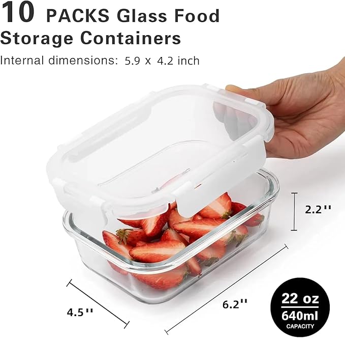 10 Pack 22 Oz Glass Meal Prep Containers with Lids, Reusable Glass Food Storage Containers with Lids, Leak Proof, Microwave, Oven, Freezer and Dishwasher Safe (White)-GravixFit