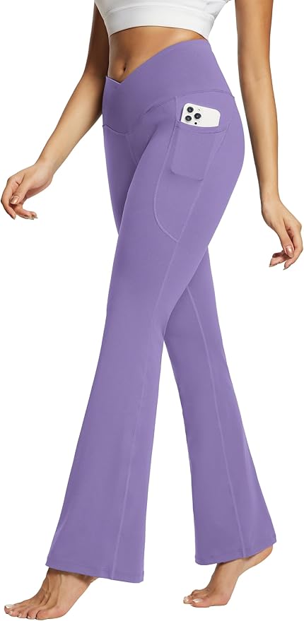 baleaf Women's V Crossover Flare Leggings with Pockets Yoga Pants High Waist Casual Workout Gym Bell Bottom Leggings-GravixFit