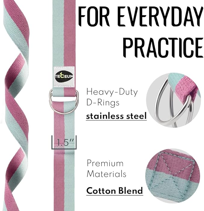 TECEUM Yoga Strap & Mat Strap – 2 IN 1 – Cotton – 6 ft 8 ft 10 ft (30+ colors) – Adjustable Non-Slip Belt for Yoga, Pilates, Stretching, Physical Therapy, Fitness & Home Workout – For Carrying Mats-GravixFit