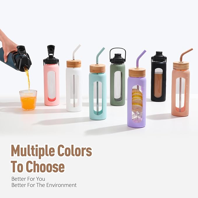 Kodrine Water Bottle with Straw, 24 oz Glass water Bottle with 2 Lids Bamboo Straw Lid and Spout Lid with Handle, 32 oz Clear Water Bottle Glass for Sports Travel, Waterbottle with Time Marker-GravixFit