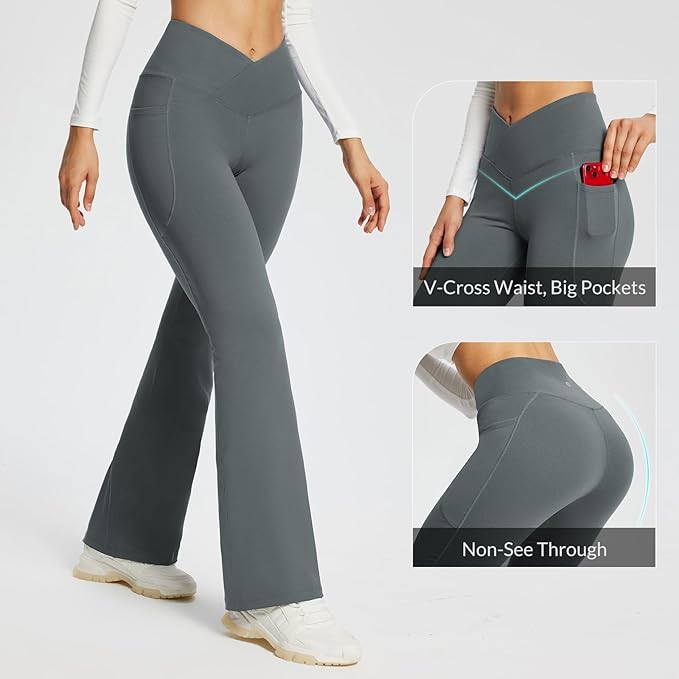 baleaf Women's V Crossover Flare Leggings with Pockets Yoga Pants High Waist Casual Workout Gym Bell Bottom Leggings-GravixFit