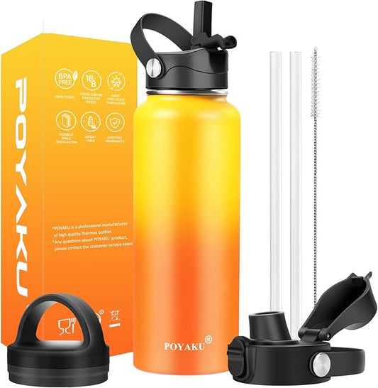 Water Bottle Insulated 32oz 40oz 64oz 128oz Straw Lid Spout Lid & 3 Lids, Leak Proof, Vacuum Insulated,Stainless Steel Water Bottle Wide Mouth for Sports, Gym or Office-GravixFit