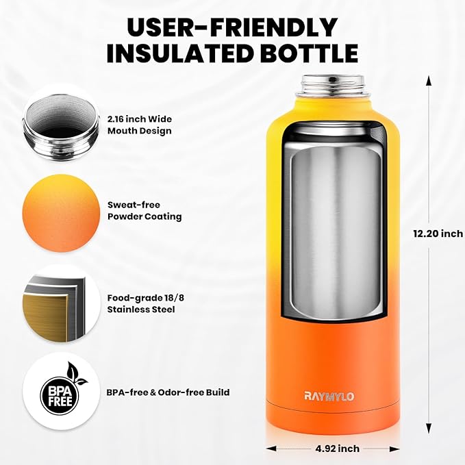 Insulated Water Bottle 87 oz, Triple Wall Vacuum Stainless Steel (Cold for 48 Hrs), Leak Proof & Non-BPA, Modern Water Flask Jug with Paracord Handle & Straw Spout Lids, Ombre Orange-GravixFit