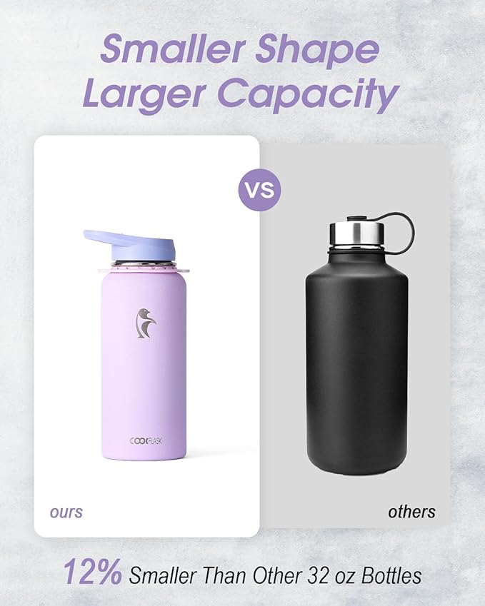 Coolflask Water Bottle with Straw, 32 oz Insulated Metal Water Flask with Straw & Spout Lids, Stainless Steel Double Wall Vacuum, Keep Cold 48h Hot 24h, Leak Proof & Non-BPA, Lavender-GravixFit